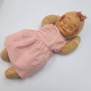 1950s Knickerbocker 14" Sleepy Head Stuffed Doll Plush With Dress Rubber Head